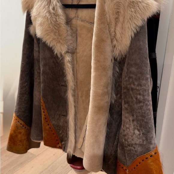 Gray and Tan Leather Shearling Coat - Picture 3 of 3